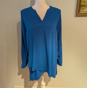 Susan‎ Graver Wms 4 Blue Blouse High Low Layered Tunic Split Neck LongSleeve 133